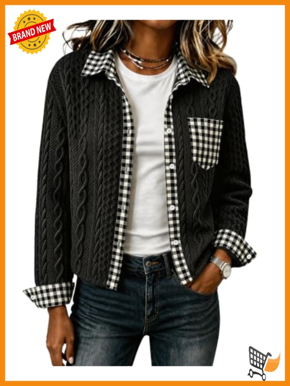 Women's Cropped Denim Patchwork Bomber Jacket Cable Knit Shacket